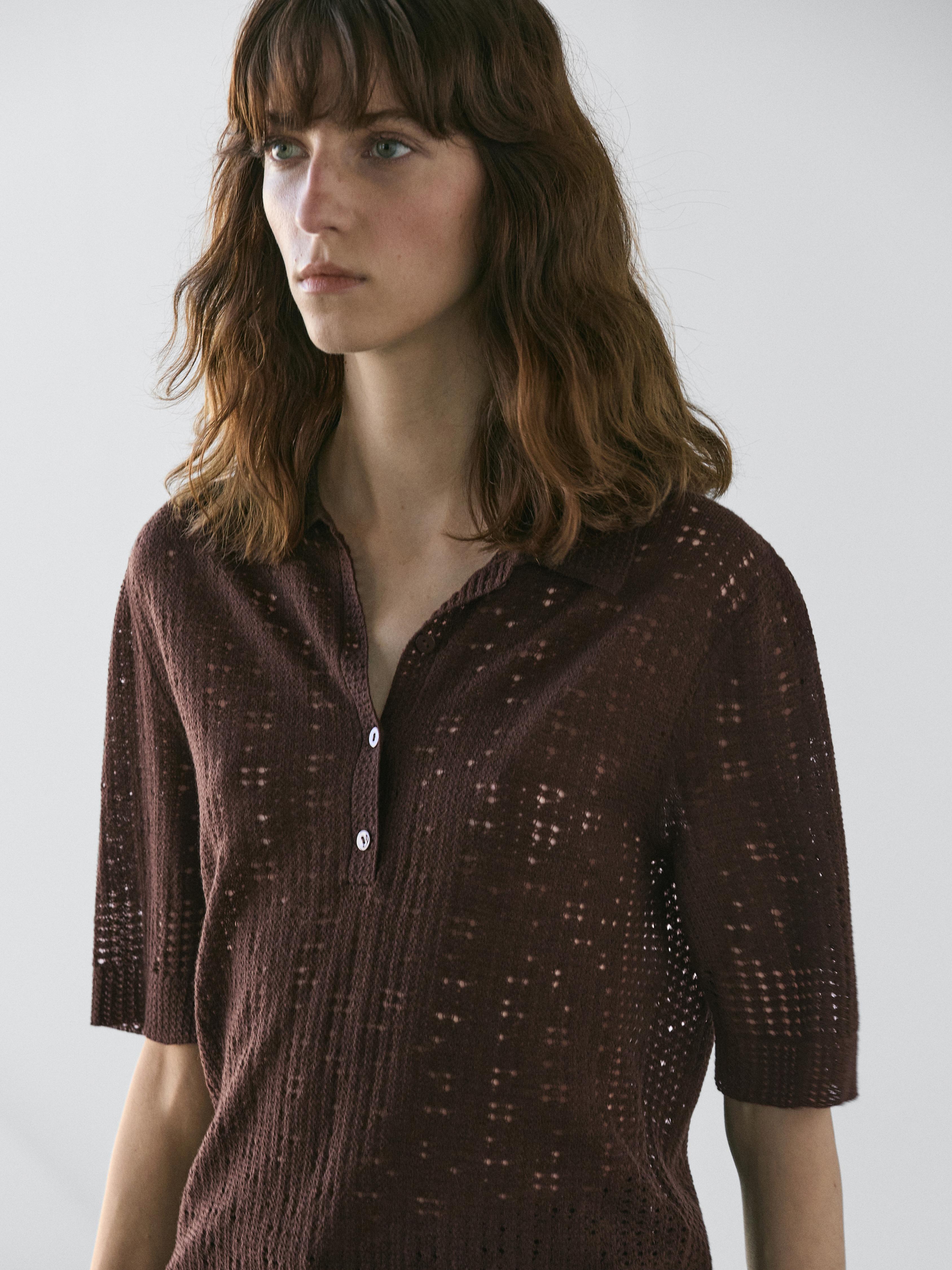 Short sleeve wool blend knit polo shirt